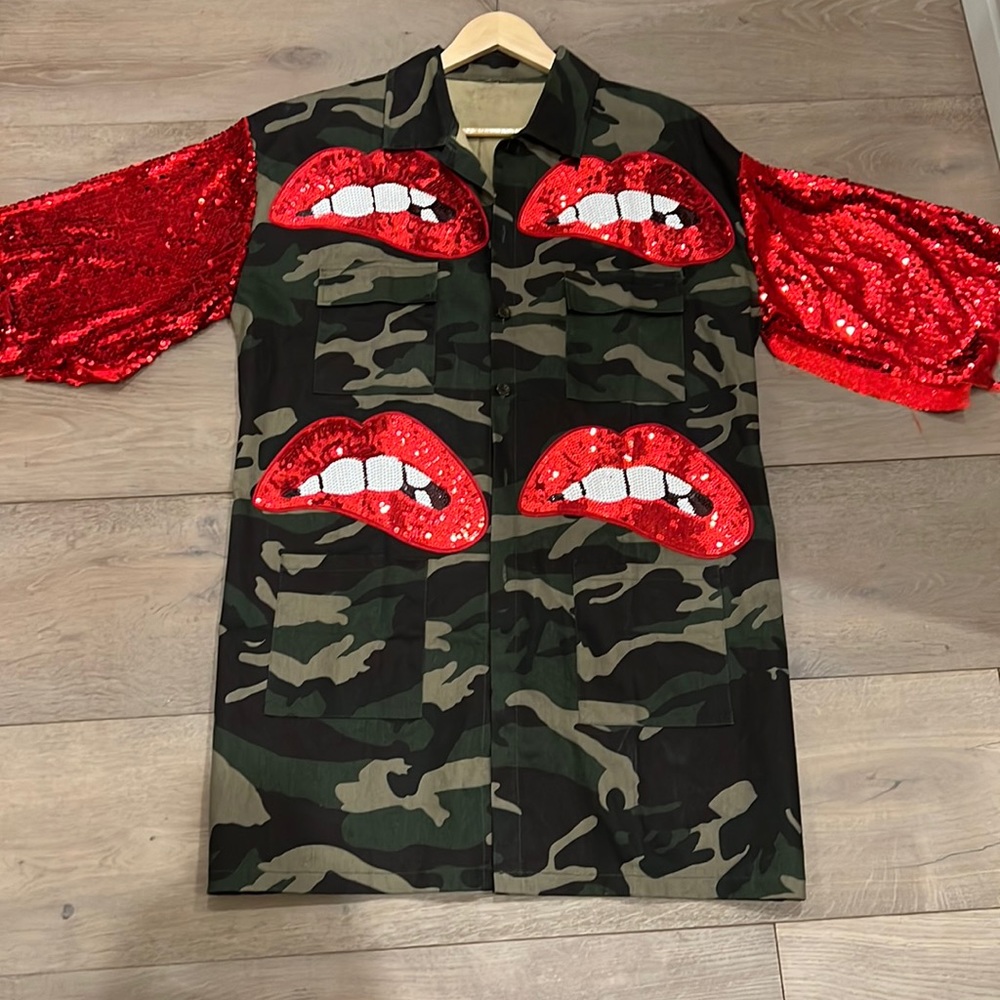 Camo & Red Sequined Jacket💋✨🪩